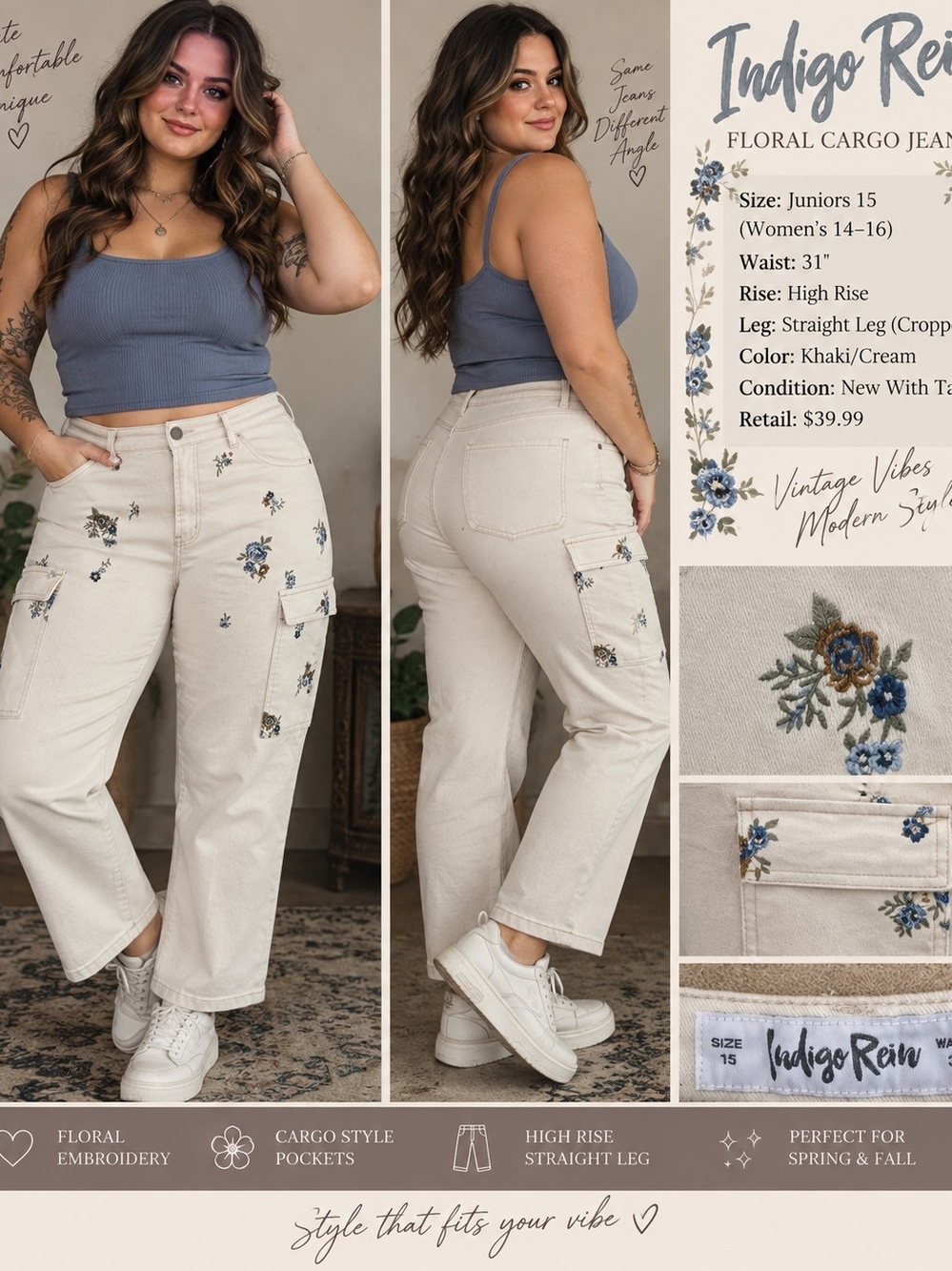 Indigo Rein High-Rise Floral Cargo Jeans - Khaki/Cream